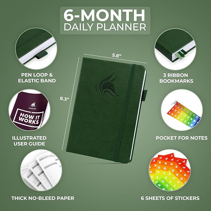 Clever Fox Daily Planner – Undated Planning Notebook with Hourly Schedule & To-Do List – Personal Day Task & Work Organizer, 6 Months (Forest Green)-DeskLoop Office