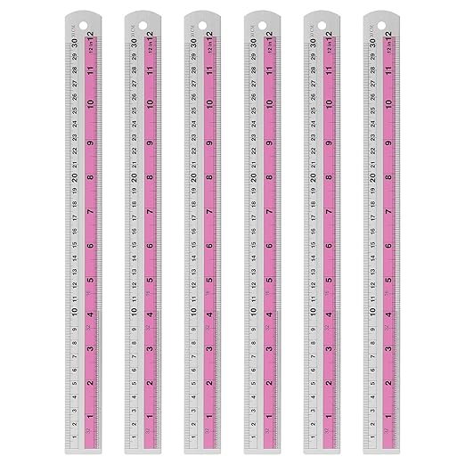 HARFINGTON 6pcs Metal Straight Ruler 30cm Metric SAE Aluminum Alloy Measuring Rulers Scale Tools with Hole for Measure Study Reading Classroom Office, Pink-DeskLoop Office