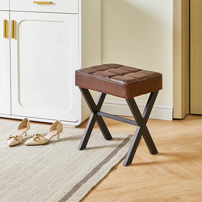 IBUYKE Square Makeup Stool with X-Leg Foot Rest, PU Footrest, Ottoman Seat Vanity Stool, Multi-Use as Small Side Table, for Bedroom, Living Room, Dark Brown LG-71Z-DeskLoop Office