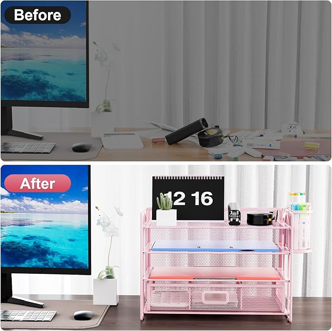 Marbrasse Desk Organizer and Accessories4-Tier Paper File Letter Tray Accessories & Workspace Desk Organizers with Drawer and 2 Pen Holders for School Home Office Supplies(Pink)-DeskLoop Office