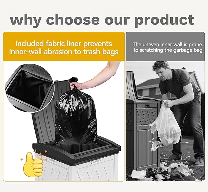 DWVO 36-Gallon Outdoor Trash Can with Fabric Bag, Tiered Lid & Drip Tray, Waterproof Resin Garbage Bin for Patio, Deck, and Backyard, White & Black-DeskLoop Office