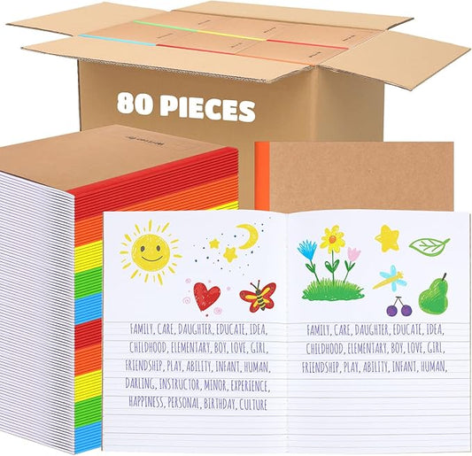 Henoyso 80 Pcs Primary Composition Notebook for Kids 9.75 x 7.5 Inch K-2 Primary Writing Journal with Rainbow Spine 60 Pages Draw and White Journal for Student Back to School Supplies-DeskLoop Office