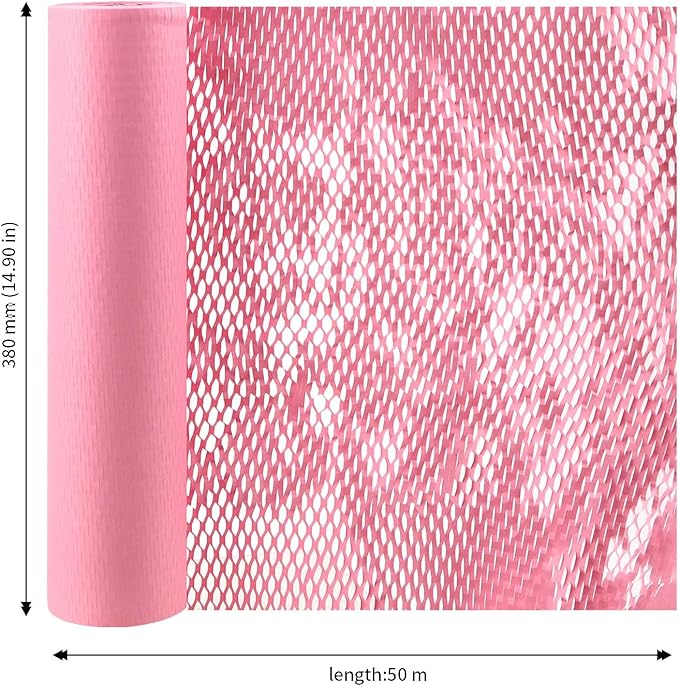 JAPCHET 15 In x 164 Ft Pink Honeycomb Packing Paper, Honeycomb Paper with Sticker Labels and 10 m Rope Honeycomb Wrap Roll for Packaging and Shipping-DeskLoop Office
