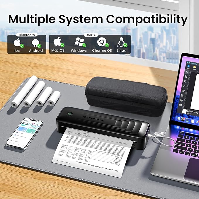 2025 Portable Printers Wireless for Travel, Inkless Thermal Printer Support 8.5" x 11"& A4, Mobile Printers with Carry Case, Bluetooth Portable Printer for Office,Travel,School,Car,Home,Black-DeskLoop Office
