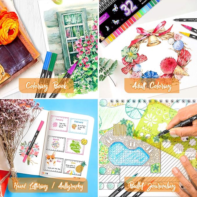 Soucolor Art Brush Markers Pens for Adult Coloring Books, Cute Preppy Stuff School Office Teacher Supplies, 34 Colors Dual Tip (Brush and Fine Point) Drawing Markers for Note Taking Journal Classroom-DeskLoop Office