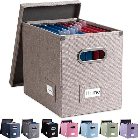 PRANDOM File Organizer Box - Set of 1 Collapsible Decorative Linen Filing Storage Hanging File Folders with Lids Office Cabinet Letter Size Light Grey (14x9.3x10.8 inch)-DeskLoop Office