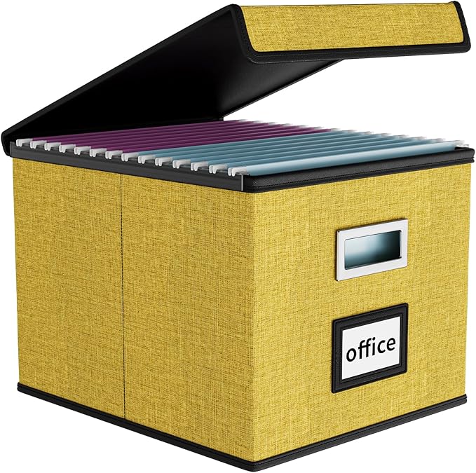 Huolewa Collapsible File Storage Organizer Box with Lid, Linen Document Storage Organization, Universal Hanging Filing Box for Letter/Legal Folder, Decorative Office/Home File Bins - yellow, box only-DeskLoop Office
