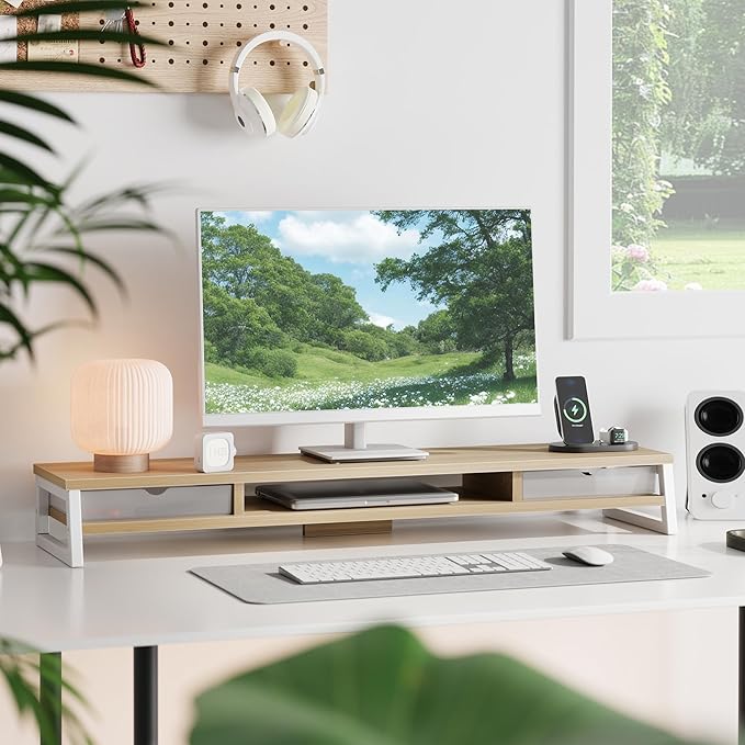 Fenge Dual Monitor Stand, Monitor Riser with Drawer, 42.5 Inch Large Computer Monitor Stand for 2 Monitors, 2 Tier Wooden Desk Shelf for Top of Desk-DeskLoop Office