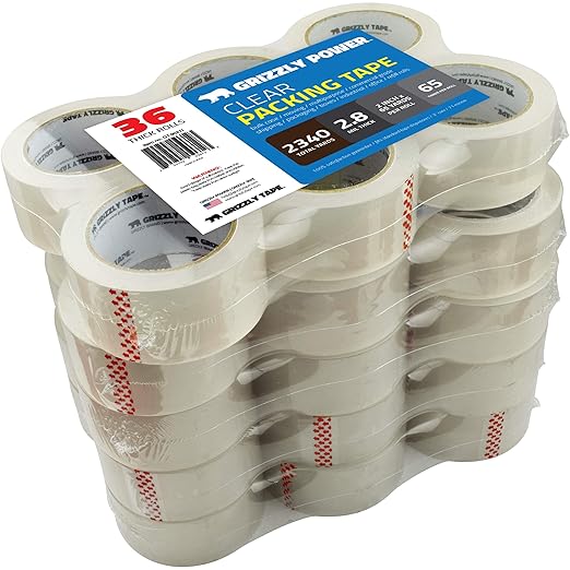 Grizzly Power Clear Packing Tape Refill Rolls for Shipping, Moving, Packaging - True 2 Inch x 65 Yards, 3 Inch Core, 2.8mil Thick, 36 Rolls Bulk Case-DeskLoop Office