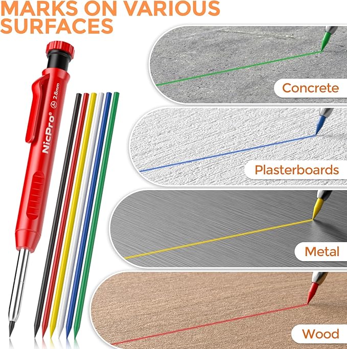 Nicpro 60 PCS Carpenter Pencil Lead Refills 2.8mm, Lead for Carpenter Mechanical Pencil, Break Resistant 2.8 mm Lead for Construction Pencil, Woodworking Pencil (Black, Red, Yellow, Green, Blue,White)-DeskLoop Office