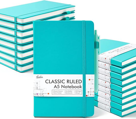 feela 18 Pack Journal Notebook for Work, Business Notebook Bulk Hardcover Lined Writing Journal with Pen Holder for Men Women Note Taking, with 18 Black Pens, 120 GSM, 5.1”x8.3”, A5, Emerald-DeskLoop Office