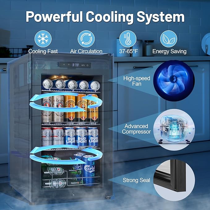 Beverage Refrigerator Cooler, 17 Inch 120 Cans Freestanding Mini Fridge with Glass Door, Adjustable Shelves and LED Light, Small Drink Fridge Counter-top Beer Fridge for Bedroom Office Bar-DeskLoop Office