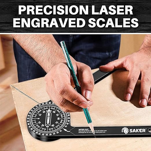 Saker Miter Saw Protractor|7-Inch Aluminum Protractor Angle Finder Featuring Precision Laser-Inside & Outside Miter Angle Finder for Carpenters, Plumbers and All Building Trades (Black)-DeskLoop Office