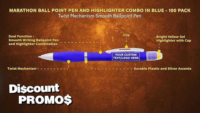 DISCOUNT PROMOS 100 Marathon Gel Highlighter Pens Pack - Customizable Text, Logo - Twist Mechanism, Ballpoint - Blue-DeskLoop Office