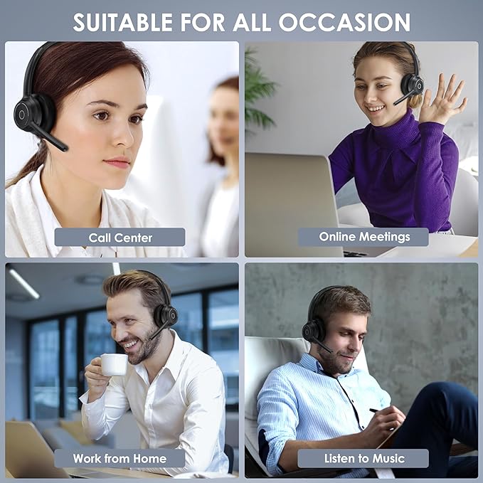(2025 Upgraded) Wireless Headset with Mic for Work, Bluetooth Headset with Noise Canceling Microphone, Wireless On Ear Headphones with USB Dongle and Mute Mic for Computer-DeskLoop Office