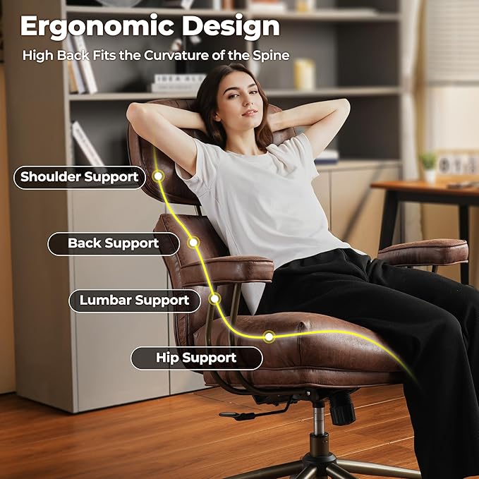 ovios Ergonomic Home Office Chair, Mid-Century Modern Faux Leather Chairs with Thickened Cushions, Comfy High Back Swivel Rolling Executive Computer Armchair (Dark Brown, Suede Leather)-DeskLoop Office