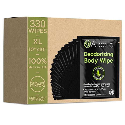 Alcala Deodorizing Body Wipes Individual Shower Wipes 100% Pure Biodegradable Bamboo Wet Wipes with Aloe Tea Tree Adult Body Wipes for Women & Men Ideal for Camping Hiking, Hospitals & Gym (330 Pack)-DeskLoop Office