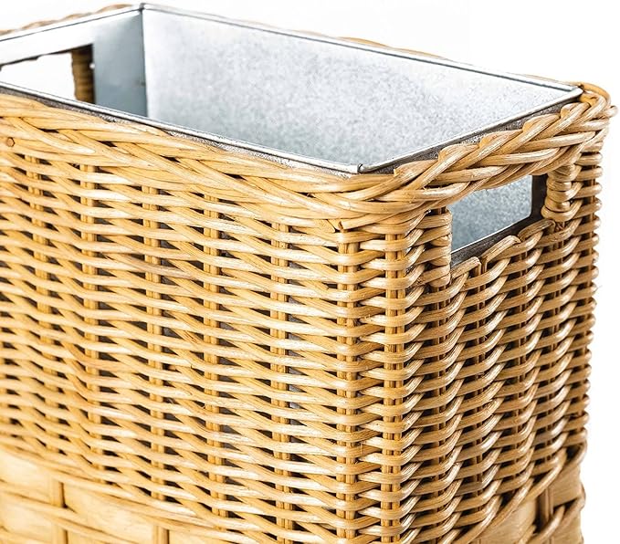 The Basket Lady Large Rectangular Wicker Waste Basket with Metal Liner, 14.5 in L x 9 in W x 18 in H, Sandstone-DeskLoop Office