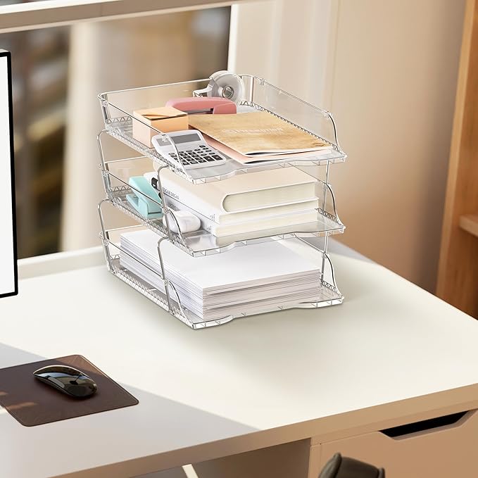 Simple Houseware 3-Tier Crystal Clear Stackable Document Letter Tray Paper Organizer – Desk Organizer for A4/Letter Size Documents, File Sorter, Paper Holder, Office Desktop File Storage, Acrylic Look-DeskLoop Office