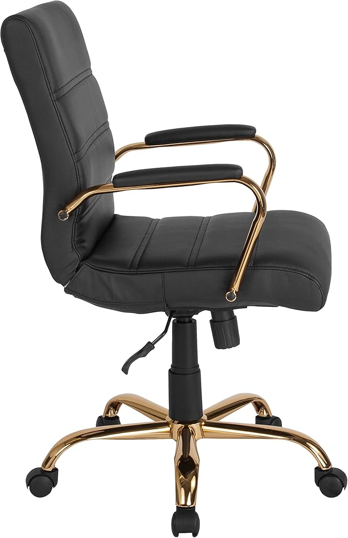 Flash Furniture Whitney Mid-Back Swivel LeatherSoft Desk Chair with Wheels, Padded Seat and Armrests, Adjustable Height Padded Office Chair, Black-DeskLoop Office