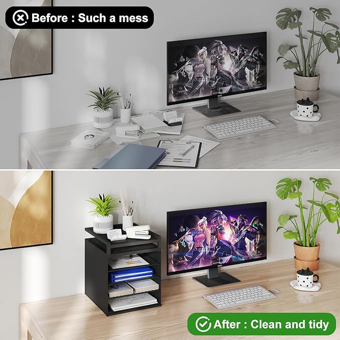 Aothia Desk Organizer with 4 Sliding Trays – Metal File Organizer for Desktop, Hanging Under Desk Organizer and Paper Tray Shelf, Space-Saving Office Document Sorter, Black-DeskLoop Office