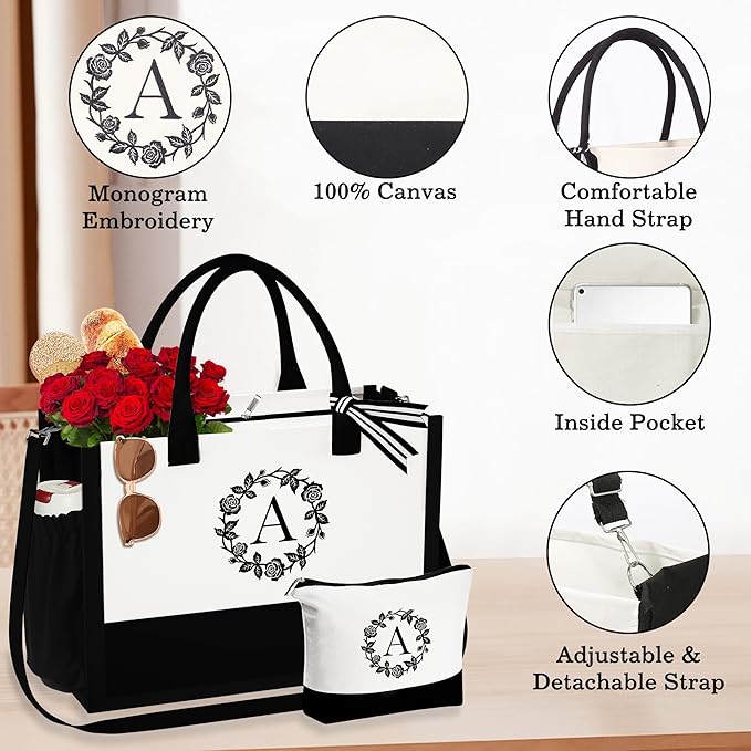 YOOLIFE Initial Canvas Tote Bag for Women, Personalized Gifts for Women Mom Gift Bags Beach Bag with Makeup Bag Birthday Gifts for Women Wedding Teacher Friend Wife Birthday Gifts Bridesmaid Gifts F