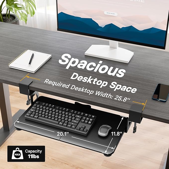 BONTEC KMT01-PJ Under Desk Keyboard Tray, Pull-Out Keyboard & Mouse Platform with C-Clamp, 20 x 11.8 in Space-Saving Ergonomic Slide-Out Drawer, Black Carbon Fiber-DeskLoop Office