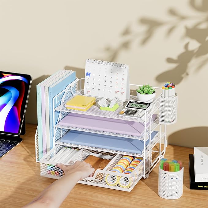 Marbrasse Desk Organizer and Accessories,4-Tier Paper Letter Tray Organizer with File Holder, Desk Accessories & Workspace Desk Organizers with Drawer and 2 Pen Holder (White, 15.4" x 9.1" x 8.3")