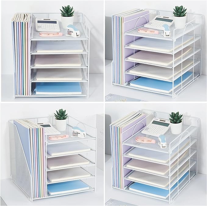 Desk Organizers and Accessories, 5-Tier Paper Letter Tray Organizer with File Holder, Desktop Organizer for Office Supplies, Office Desk Accessories & Workspace (White)-DeskLoop Office