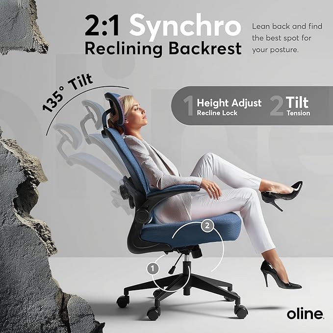 Oline ErgoAir Ergonomic Office Chair – Adjustable Lumbar Support, Flip-Up Armrests, Mesh Computer Desk Chair, Swivel Rolling Executive Gaming Chair for Home & Office (Navy Blue)-DeskLoop Office