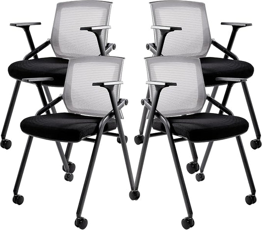 Conference Room Chairs, Folding Office Desk Chair with Lumbar Support and Sliding Armrest with Casters, Stackable Office Guest Chairs & Reception Chairs(4 Pack)-DeskLoop Office
