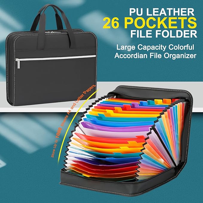 SEEKIND PU Leather Accordian File Organizer 26 Pockets, Expanding File Folder with Handle, Portable Document Organizer Accordion File Keeper for Letter Size / A4 File, for Office, School-Black-DeskLoop Office