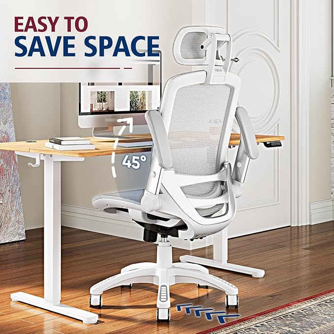 GABRYLLY Ergonomic Office Chair, High Back Home Desk Chair with Headrest, Flip-Up Arms, 90-120° Tilt Lock and Wide Cushion, 400LBS Mesh Chairs for Man Woman, White Task Chair(Grey,GY01WG)-DeskLoop Office