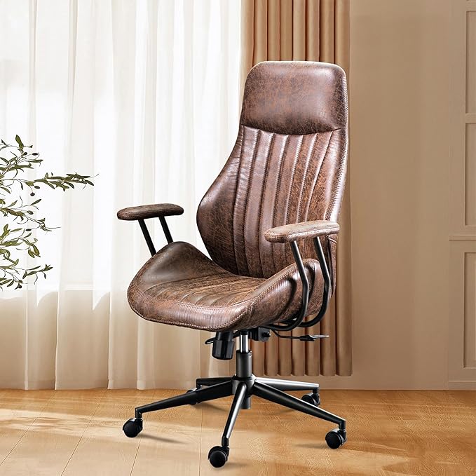 Mid Century Modren Office Chair - High Back Swivel Executive Chair with Lumbar Support,Ergonomic Computer Desk Chair with Wheels,Faux Lether Suede Task Chair,350lbs(Dark Brown, High Back)-DeskLoop Office