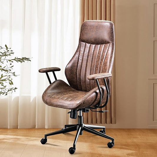 Mid Century Modren Office Chair - High Back Swivel Executive Chair with Lumbar Support,Ergonomic Computer Desk Chair with Wheels,Faux Lether Suede Task Chair,350lbs(Dark Brown, High Back)-DeskLoop Office