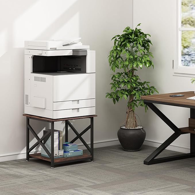 Large Printer Stand, 23.6 x 23.6 x 22.6 Inches Square Printer Table with Storage Shelf, 2 Tier Rolling Printer Cart with Industrial Wheels for Home Office - Rustic Brown-DeskLoop Office
