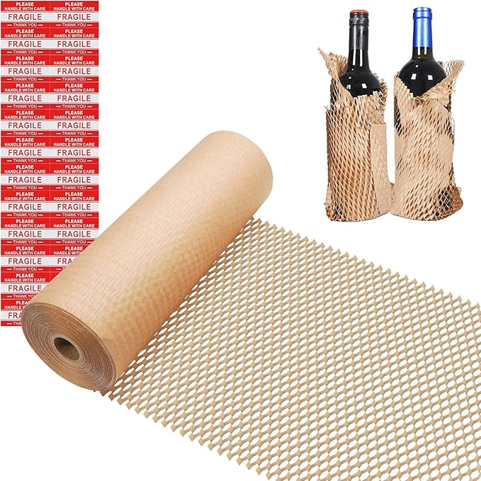 Honeycomb Packing Paper Wrap 12"x200' Sustainable Alternative to Bubble Wrap for Moving Shipping/Gift, Biodegradable & Fully Recyclable Bubble Paper Wrapping with 20 Fragile Sticker…-DeskLoop Office
