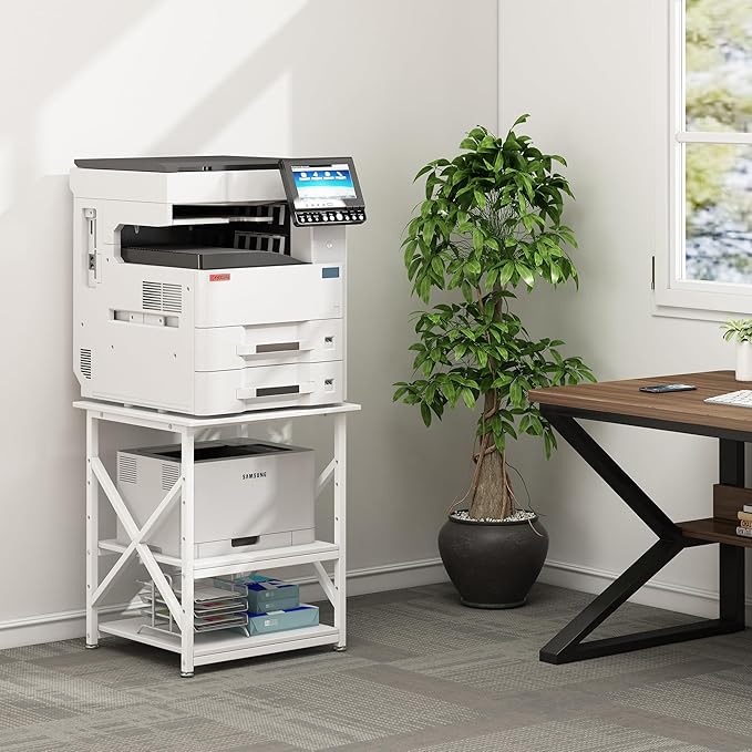 Large Printer Stand with Height Adjustable Storage Shelf, 23.6 x 23.6 Inches Square Printer Table with Industrial Wheels, Multi-use 3 Tier Rolling Printer Cart for Home Office - White-DeskLoop Office
