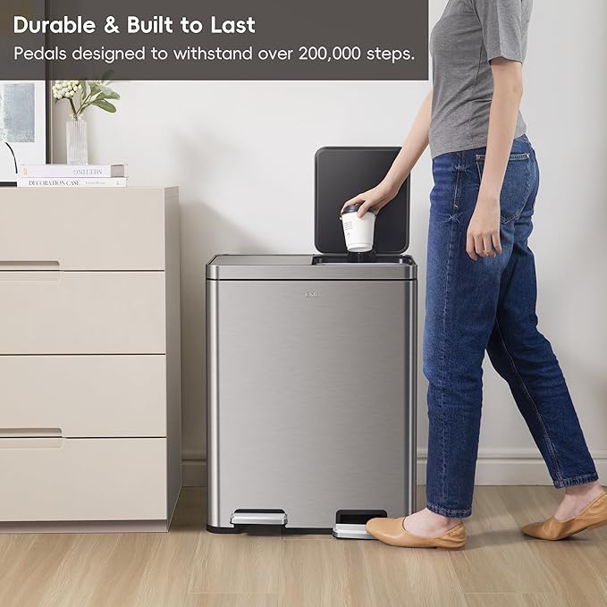 EKO Edison Dual Trash Can for Recycling and Trash, 8+8 Gallons Kitchen Garbage Can with Dual Removable Inner Liners, Independent Lids and Pedals, Matte Stainless Steel-DeskLoop Office
