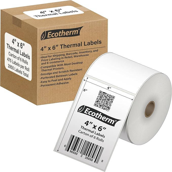 4" x 6" Thermal Labels | 6 Rolls | 2850 Labels | fits Zebra, Munbyn, Rollo, Godex, Arkscan, iDPRT, Offnova Thermal Label Printers and More | Blank White Adhesive Stickers by Ecotherm-DeskLoop Office