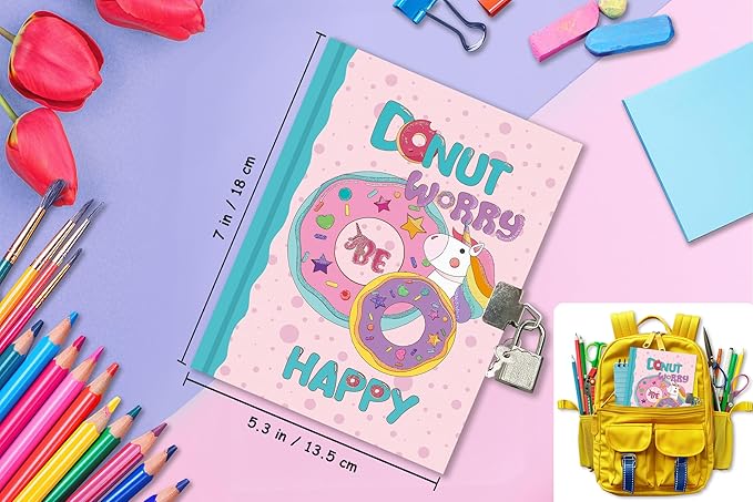Girls Diary with Lock for Kids, 7x5.25 Inches 160 Lined Pages Secret Pink Doughnut Notebook for Girls Journal with Lock for Kids Pre School Writing Drawing Cute Girls Gifts for Birthday-DeskLoop Office