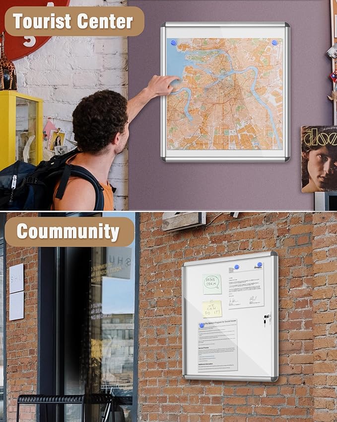 28"x26" Enclosed Bulletin Board, Lockable Weather-Resistant Aluminum Noticeboard for School & Office, Silver Frame w/Magentic Whiteboard-DeskLoop Office