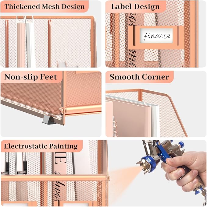 SUPEASY Desk Organizers Metal Desk Magazine File Holder with 5 Vertical Compartments Rack File Organizer for Office Desktop, Home Workspace, Rose Gold, Plus-DeskLoop Office