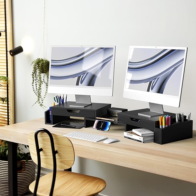 Simple Houseware Desk Dual Monitor Stand Riser with Pull-Out Drawers, Black-DeskLoop Office