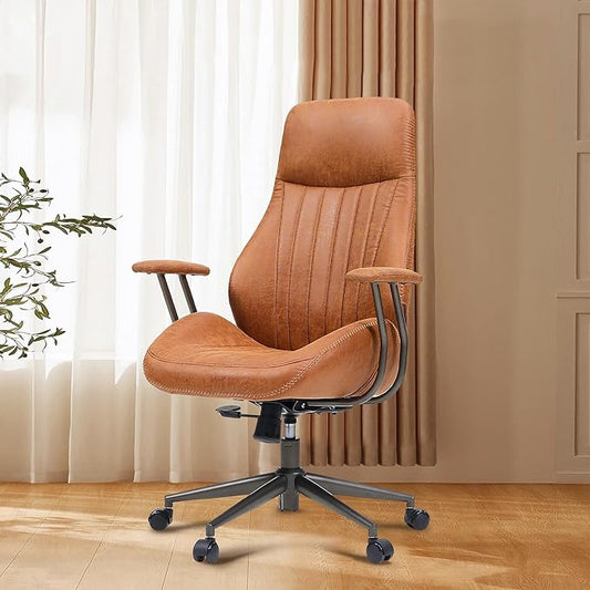 Mid Century Modren Office Chair - High Back Swivel Executive Chair with Lumbar Support,Ergonomic Computer Desk Chair with Wheels,Faux Lether Suede Task Chair,350lbs (Brown, High Back)-DeskLoop Office
