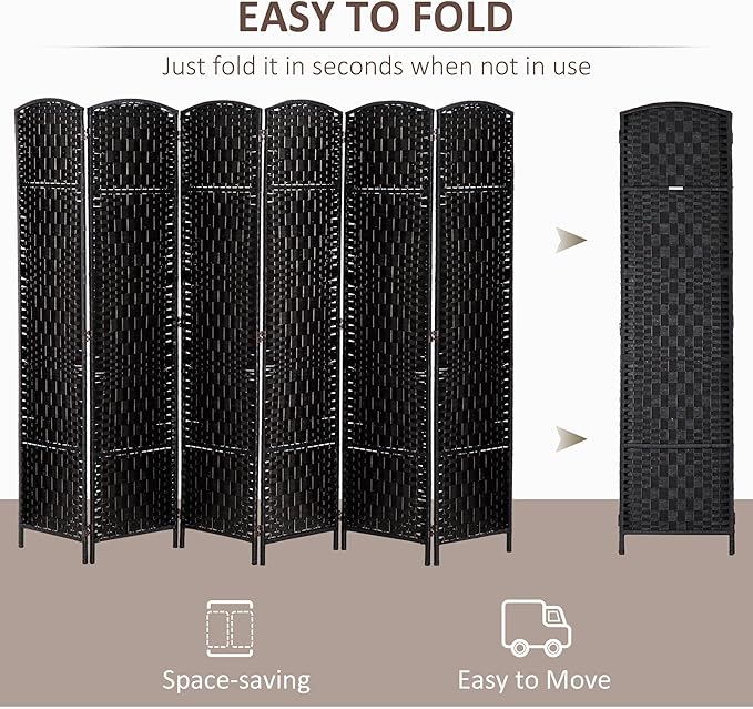 HOMCOM Room Divider, 6 Panel Folding Privacy Screen, 6FT Tall Portable Wicker Weave Partition Wall Divider for Bedroom, Home Office, Black-DeskLoop Office