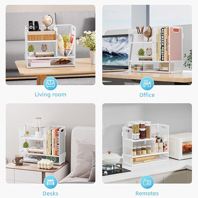 Marbrasse 3-Tier Desk Shelf Organizer with Handle, Desktop Bookshelf File Holder, Mesh Display Shelf Organizer Storage Rack for Office, Home, Supplies, Kitchen (White)-DeskLoop Office