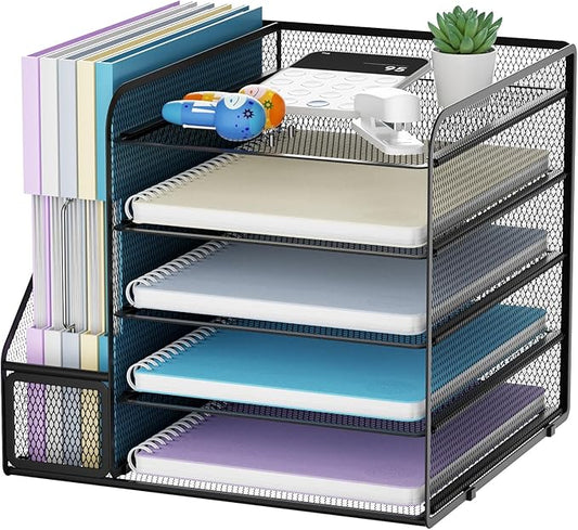 Marbrasse Desk Organizers and Accessories, 5-Tier Paper Letter Tray Organizer with File Holder, Mesh File Organizer, Office Desk Accessories & Organization for Supplies (Black)-DeskLoop Office