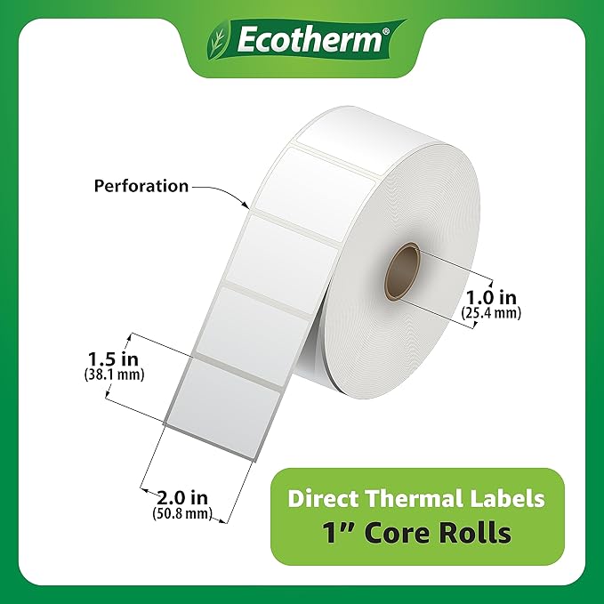 2" x 1.5" Thermal Labels | 6 Rolls | 8220 Labels | fits Zebra, Munbyn, Rollo, Godex, Arkscan, iDPRT, Offnova Thermal Label Printers and More | Blank White Adhesive Stickers by Ecotherm-DeskLoop Office