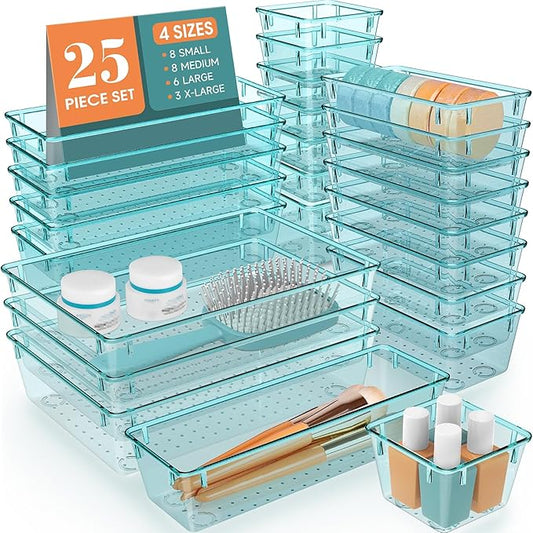 WOWBOX 25 PCS Plastic Drawer Organizer Set, 4 Sizes Desk Drawer Divider Organizers and Storage Bins for Makeup, Jewelry, Gadgets for Kitchen, Bedroom, Bathroom, Office, Sea Blue-DeskLoop Office